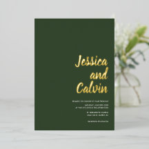 Carton d'invitation de mariage au texte doré vert