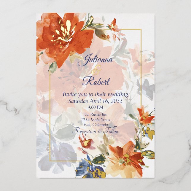 Invitation En Aluminium Cascade orange et bleu mariage floral (Recto)