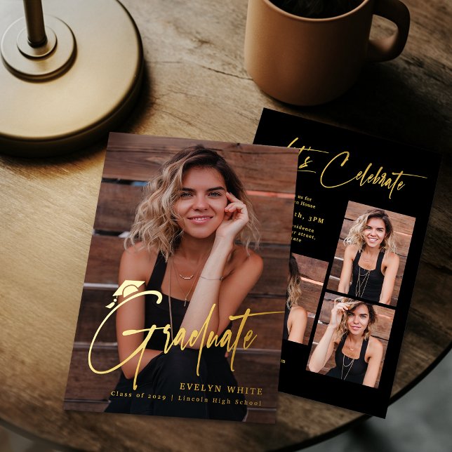 Invitation En Aluminium Casquette de remise de diplômes moderne Script 4 P (Modern Grad Cap Script 4 Photo Simple Graduation Foil Invitation)