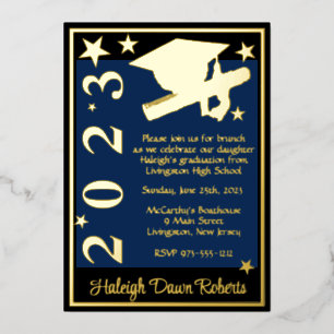 Invitation En Aluminium Casquette, Diplôme & Étoiles, Bleu foncé, Noir & O