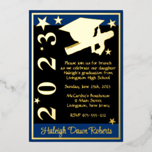 Invitation En Aluminium Casquette, Diplôme & Étoiles, Bleu, Noir & Or