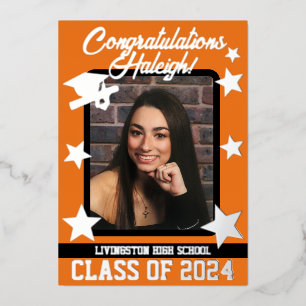 Invitation En Aluminium Casquette, Diplôme & Étoiles, Orange & Noir Gradua