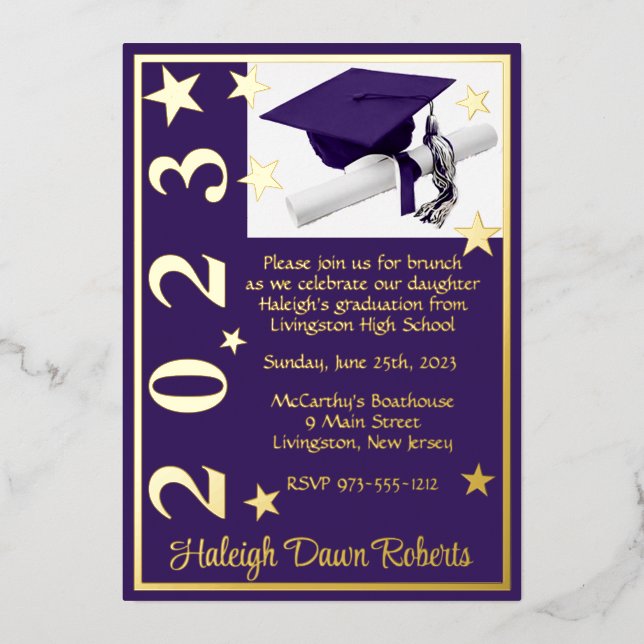Invitation En Aluminium Casquette, Diplôme & Étoiles, Purple & Gold Gradua (Recto)