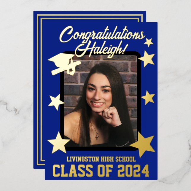 Invitation En Aluminium Casquette, Diplôme & Étoiles, Royal Blue & Gold Gr (Recto/Verso)