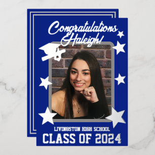 Invitation En Aluminium Casquette, Diplôme, Stars Royal Blue & Silver Grad