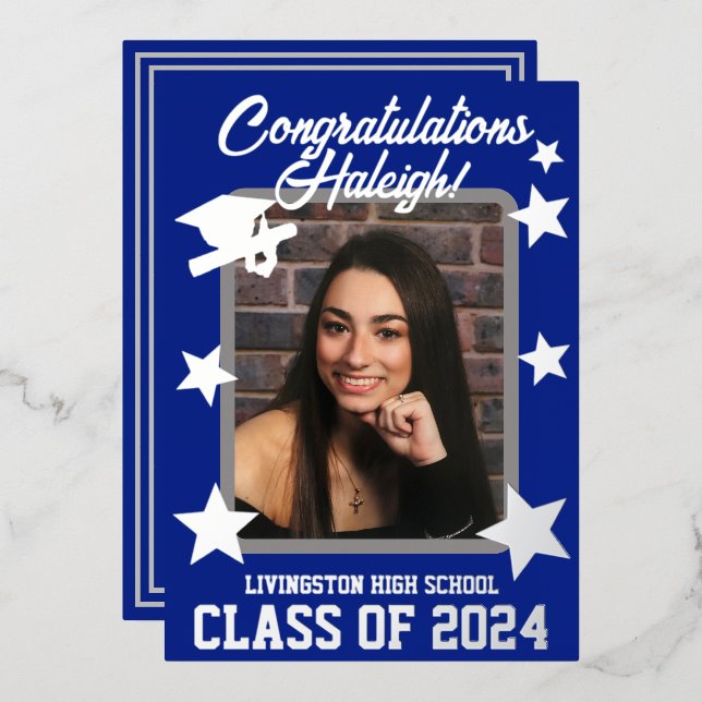 Invitation En Aluminium Casquette, Diplôme, Stars Royal Blue & Silver Grad (Recto/Verso)