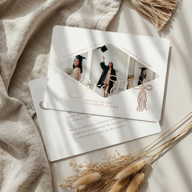 Invitation En Aluminium Casquette Grad Bow & Tassel Photo Collage Faire-pa (Grad Cap Bow & Tassel Photo Collage Announcement (Front & Back))