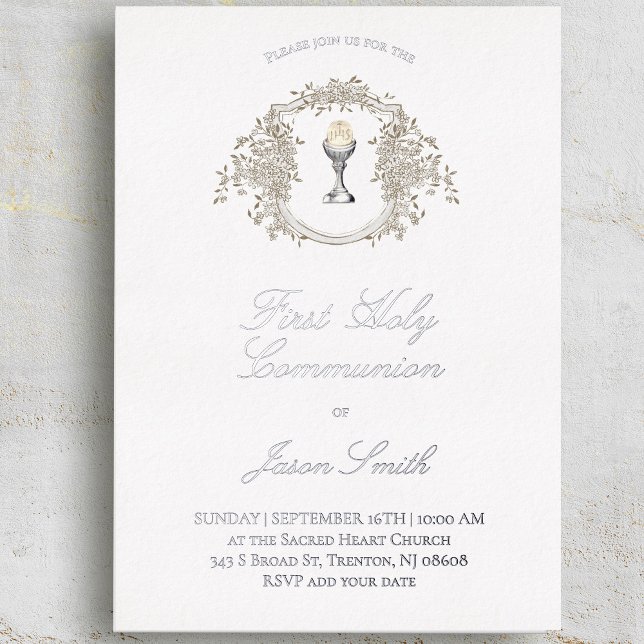 Invitation En Aluminium catholic first communion chalice beige grey crest (Créateur téléchargé)