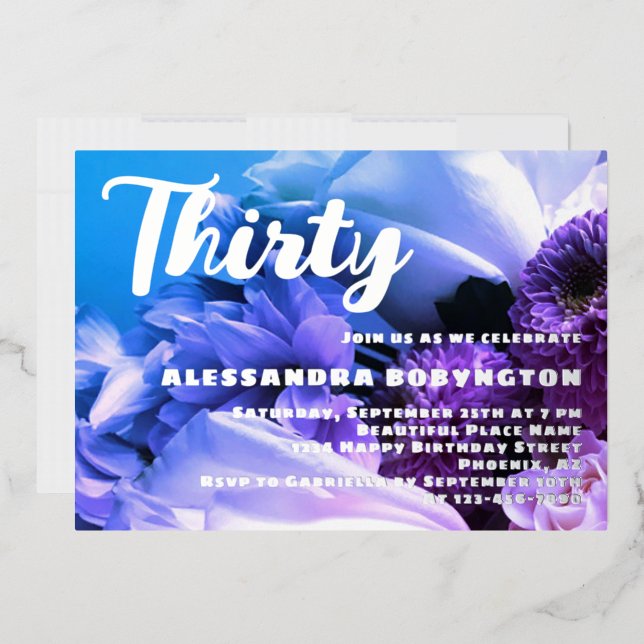 Invitation En Aluminium Célébration de 30 ans floral bleu violet (Enveloppe)