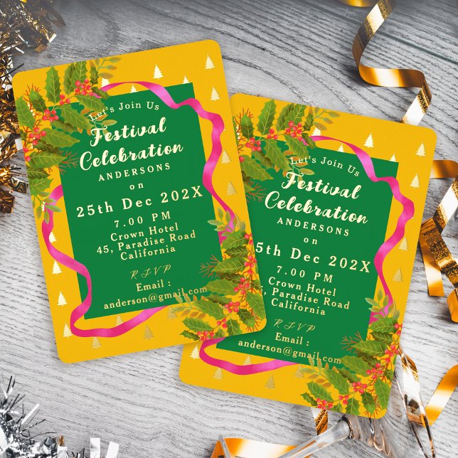 Invitation En Aluminium Célébration de festival Noël Jaune Vert (Festival Celebration Christmas Yellow Green Foil Invitation)