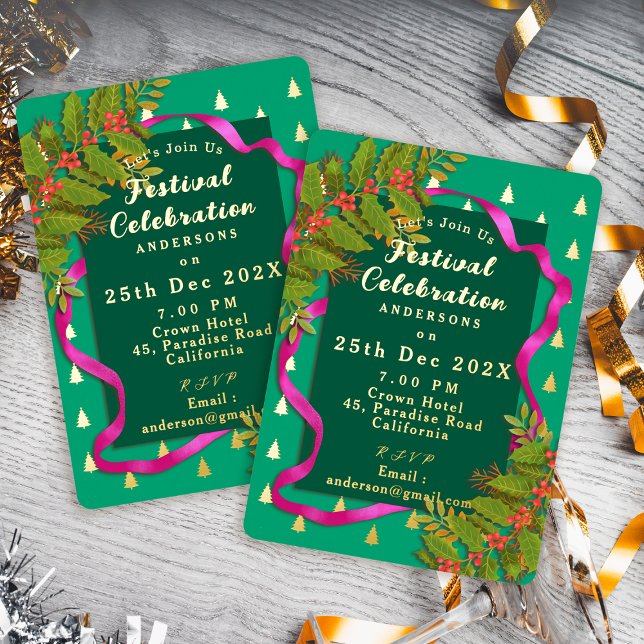 Invitation En Aluminium Célébration de festival Noël vert (Festival Celebration Christmas Green Foil Invitation)