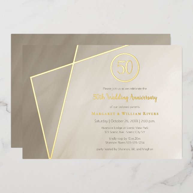 Invitation En Aluminium célébration du 50e anniversaire gris antique or fo (Recto/Verso)