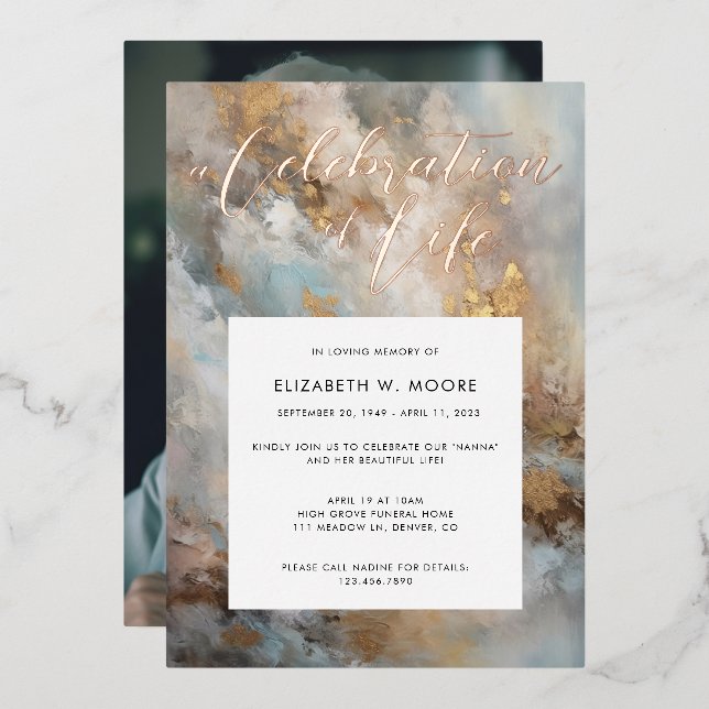 Invitation En Aluminium Celebration of Life Modern Abstract Funeral Gold (Recto/Verso)