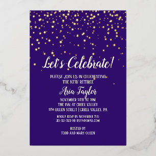 Invitation En Aluminium Célébrons Gold Confetti sur Purple Party Gold