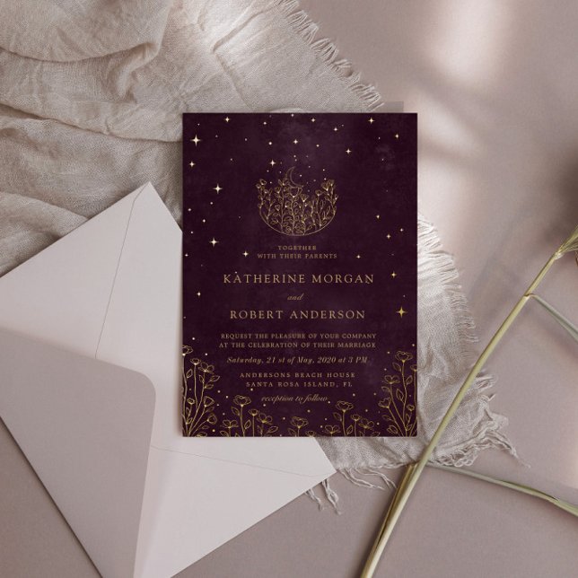 Invitation En Aluminium Céleste Bourgogne Or Lune Et Étoiles Mariage (Créateur téléchargé)