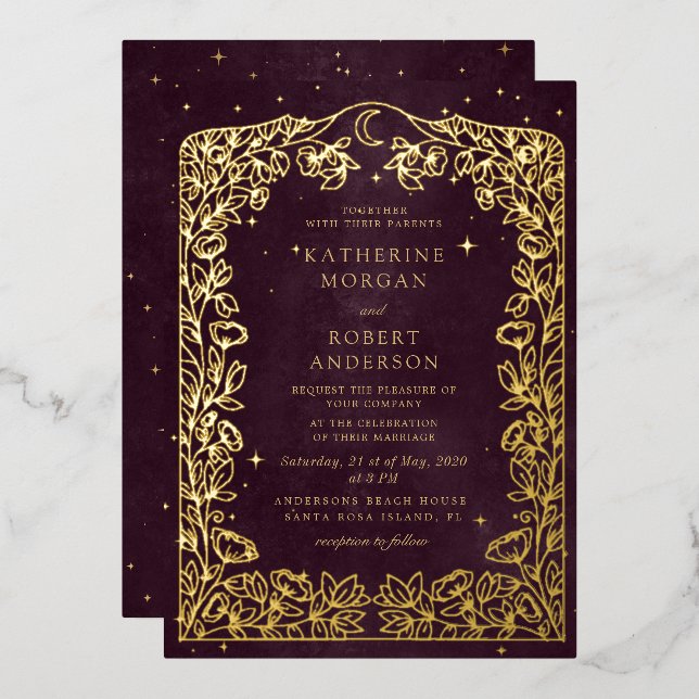 Invitation En Aluminium Céleste Bourgogne Or Lune Et Étoiles Mariage (Recto/Verso)