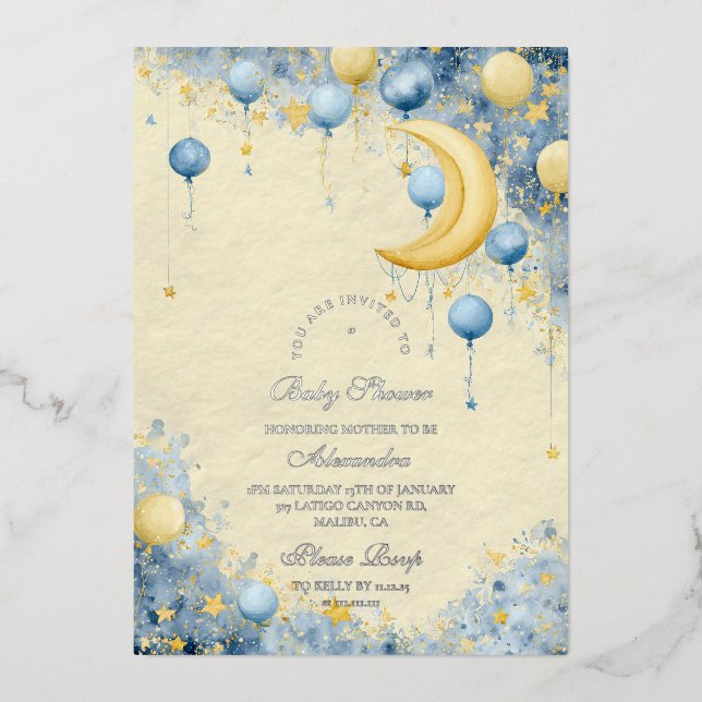 Invitation En Aluminium Céleste Lune et Baby shower des étoiles (Recto)