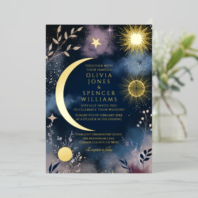Invitation En Aluminium Celestial Magic Moon & Stars Wedding (Debout devant)