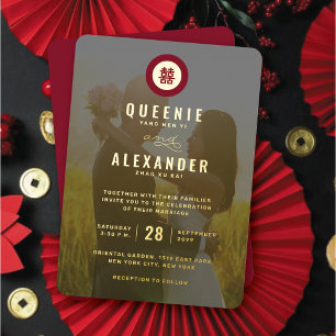 Invitation En Aluminium Cercle rouge double bonheur photo Mariage chinois