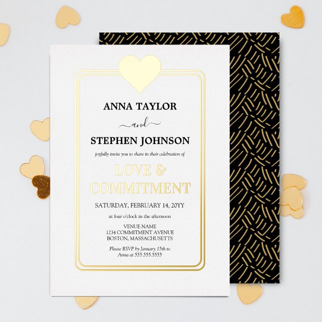 Invitation En Aluminium Cérémonie d'amour et d'engagement Gold Heart (Elegant foil gold heart commitment ceremony invitation front and back view.)