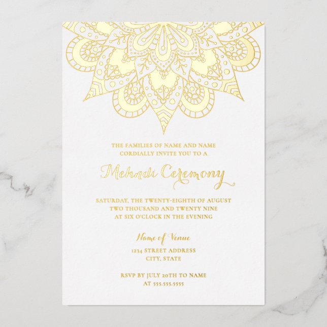 Invitation En Aluminium Cérémonie de Mandala Mehndi Gold Foil (Recto)