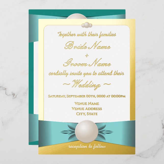 Invitation En Aluminium Cérémonie de Mariage Gold & Turquoise Pearl Ribbon (Recto/Verso)