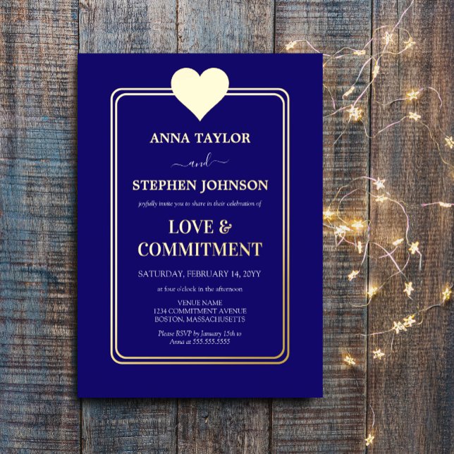 Invitation En Aluminium Cérémonie d'engagement au coeur bleu et or de la M (Navy blue and gold foil commitment ceremony invitation front view.)