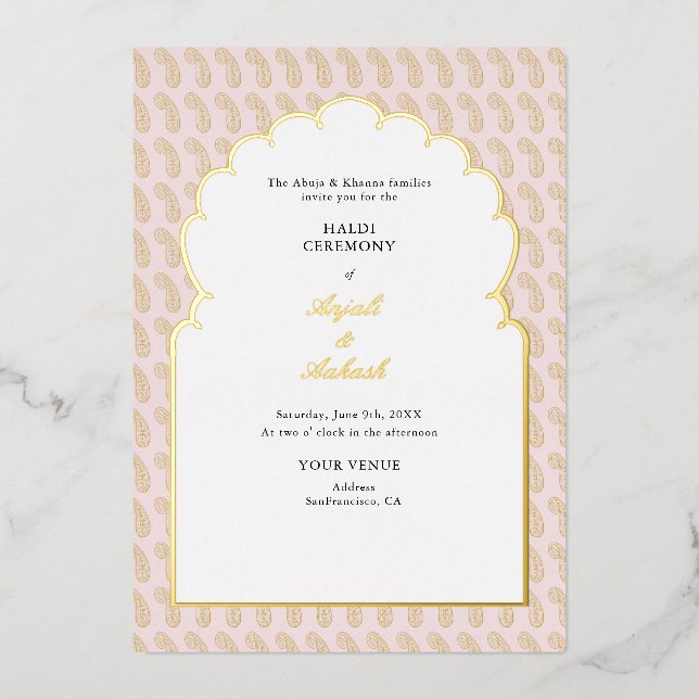 Invitation En Aluminium Cérémonie moderne rose & or Mehendi Indien (Recto)