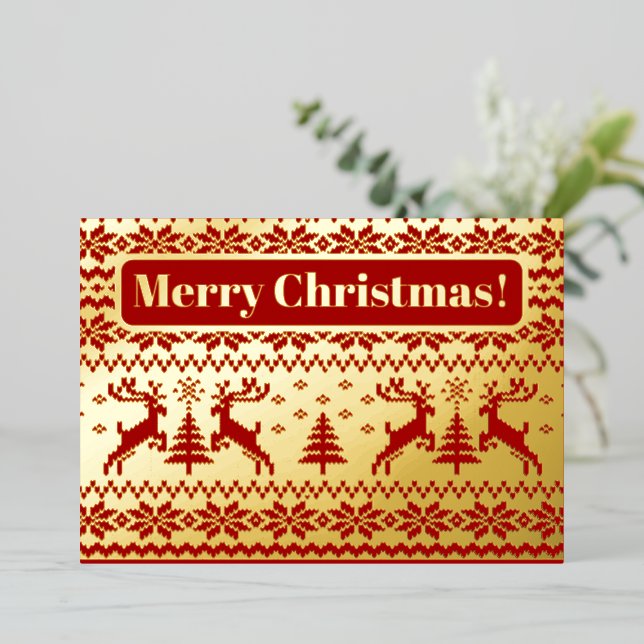 Invitation En Aluminium Cerfs et arbres de Noël en or et rouge (Debout devant)