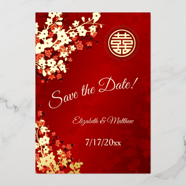 Invitation En Aluminium Cerise Blossom Mariage Chinois Enregistrer La Date (Recto)