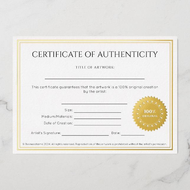 Invitation En Aluminium Certificat d'authenticité d'artiste élégant (Recto)