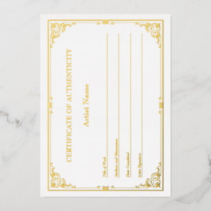 Invitation En Aluminium Certificat d'authenticité d'huile d'or victorienne