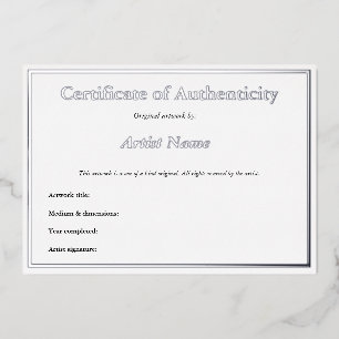 Invitation En Aluminium  Certificat d'authenticité en argent Foil pour art