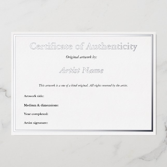 Invitation En Aluminium Certificat d'authenticité en argent Foil pour art (Recto)