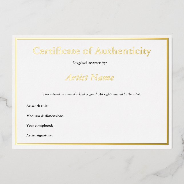 Invitation En Aluminium Certificat d'authenticité en feuille d'or pour l'a (Recto)