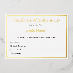 Invitation En Aluminium Certificat d'authenticité Gold Foil pour l'art