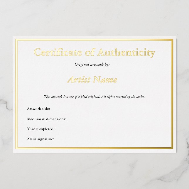 Invitation En Aluminium Certificat d'authenticité Gold Foil pour l'art (Recto)