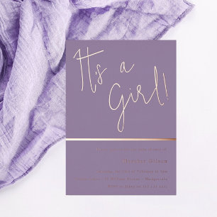 Invitation En Aluminium C'est une fille ! Baby Shower Rose Gold Lavande Vi