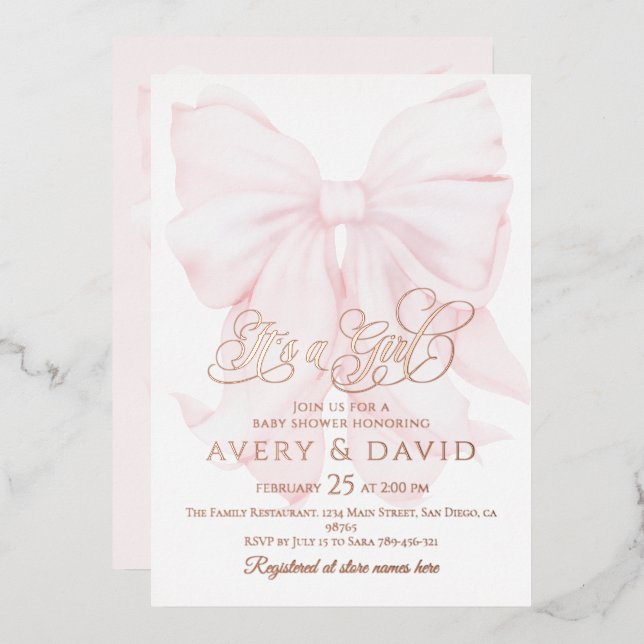 Invitation En Aluminium C'est une fille rose Bow Baby shower moderne éléga (Recto/Verso)