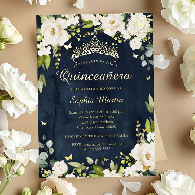 Invitation En Aluminium Champagne à papillon de la Marine d'or Quinceanera (Créateur téléchargé)