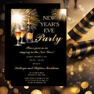 Invitation En Aluminium Champagne Fireworks Black Gold New Years Eve Party