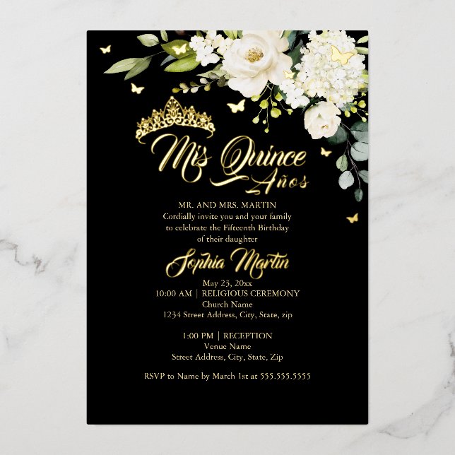 Invitation En Aluminium Champagne Floral Noir Mis Quince Quinceanera (Recto)