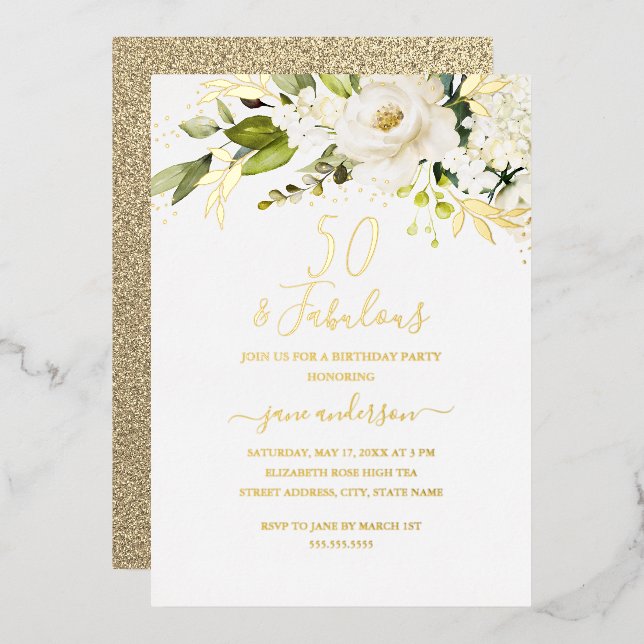 Invitation En Aluminium Champagne Gold Floral 50 & Fabuleuse huile d'anniv (Recto/Verso)