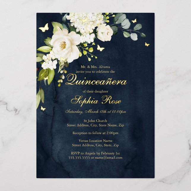 Invitation En Aluminium Champagne Marine Floral Golden Butterfly Quinceane (Recto)