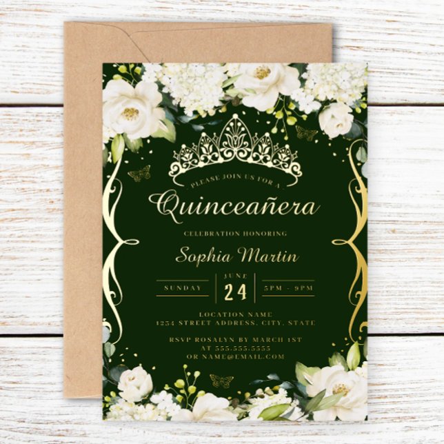 Invitation En Aluminium Champagne Or Emeraude Flore Défilé Quinceanera (Créateur téléchargé)
