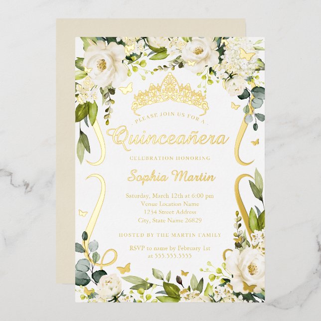 Invitation En Aluminium Champagne papillon Quinceanera d'or floral (Recto/Verso)
