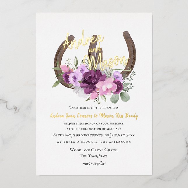 Invitation En Aluminium Chandails et Mariage floral pourpre (Recto)