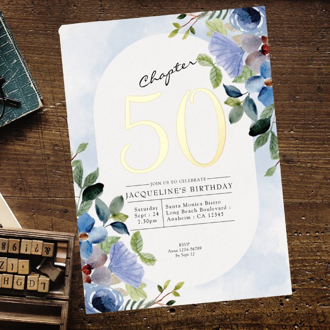 Invitation En Aluminium Chapitre 50 Floral bleu 50e Anniversaire Or (Créateur téléchargé)