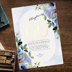 Invitation En Aluminium Chapitre 60 Floral bleu 60e Anniversaire Or