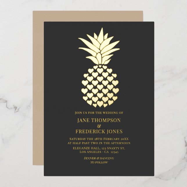 Invitation En Aluminium Charcoal & Gold Tropical Pineapple Wedding (Recto/Verso)